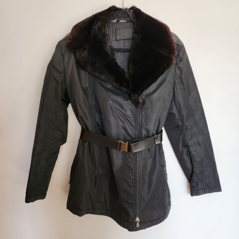 Prada Milano Belted Black Fur-Trimmed  Nylon Jacket